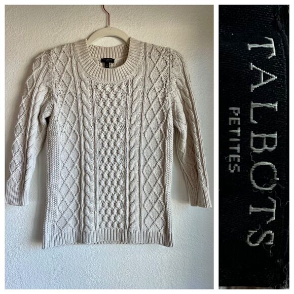 Talbots Petites Ivory Cotton Blend Mixed Cable Knit Crew Neck 3/4 Sleeve Sweater - Picture 1 of 8